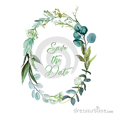 Watercolor floral illustration - leaf frame / wreath, for wedding stationary, greetings, wallpapers, fashion, background. Cartoon Illustration