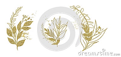 Watercolor floral illustration set - gold leaf branches, for wedding stationary, greetings, wallpapers, fashion, background. Cartoon Illustration