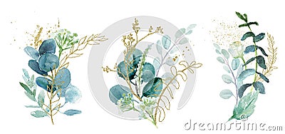 Watercolor floral illustration set - green & gold leaf branches collection, for wedding stationary, greetings, wallpapers, fashion Cartoon Illustration