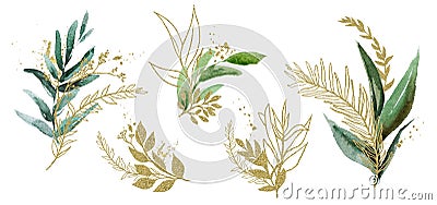 Watercolor floral illustration set - green & gold leaf branches, for wedding stationary, greetings, wallpapers, fashion, Cartoon Illustration