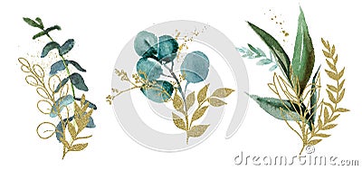 Watercolor floral illustration set - green & gold leaf branches, for wedding stationary, greetings, wallpapers, fashion, Cartoon Illustration