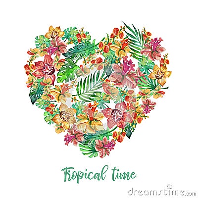 Watercolor floral illustration. Watercolour Tropical exotic isolated illustration. Love heart flower frame. Hibiscus Cartoon Illustration