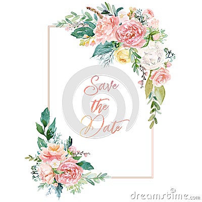 Watercolor floral illustration - wreath / frame with bright peach color, white, pink, vivid flowers, green leaves Cartoon Illustration