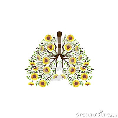 Watercolor floral lungs with yellow Sunflowers forming a bronchial tree organ anatomy Vector Illustration