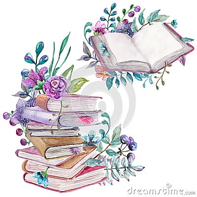 Watercolor floral and nature elements with beautiful old books Cartoon Illustration