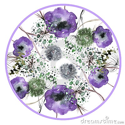 Watercolor Floral pattern, decoration on a round background. Plate, logo, sticker with flowers and herbs. poppy, dandelion, wild Stock Photo