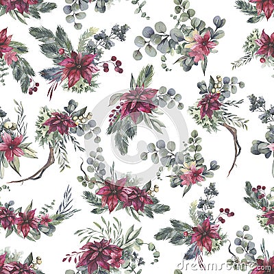 Watercolor floral pattern with different leaves and flowers. Floral seamless pattern on white background. Cartoon Illustration