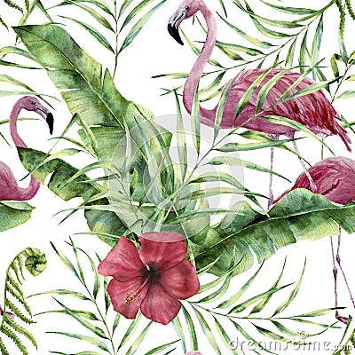 Watercolor floral pattern with exotic flowers, leaves and flamingo. Hand painted ornament with tropical plant: hibiscu Stock Photo