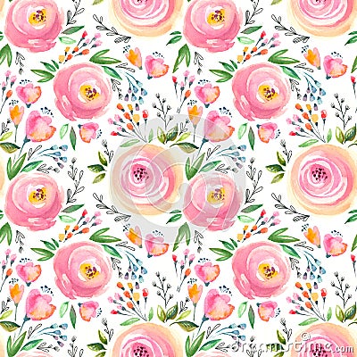 Watercolor floral pattern and seamless background. Hand painted. Gentle design. Cartoon Illustration