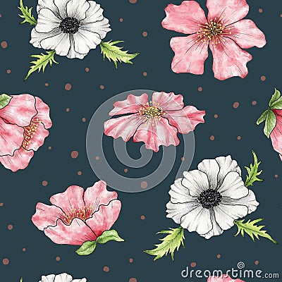 Watercolor floral pattern. Seamless Pattern with Chinese Cherry Blossoms. Cherry blossom illustration hand drawn. Dark Cartoon Illustration