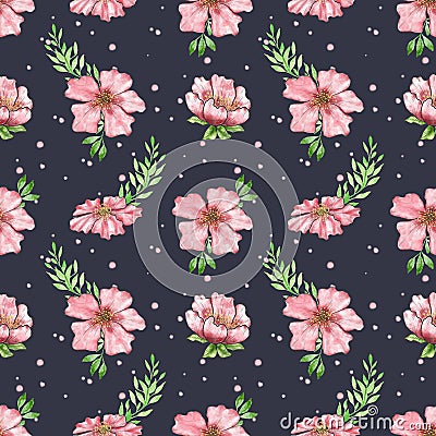 Watercolor floral pattern. Seamless Pattern with Chinese Cherry Blossoms. Hand drawn cherry blossom illustration on a Cartoon Illustration