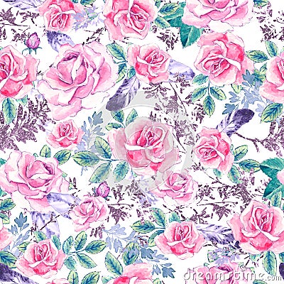 Watercolor floral pattern. Seamless pattern with purple and pink bouquet on white background. Meadow flowers, roses Stock Photo