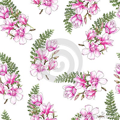 Watercolor botanical illustration. Watercolor floral print. Pink magnolia. Seamless pattern. Wrapping paper. Gift wrap. Stock Photo