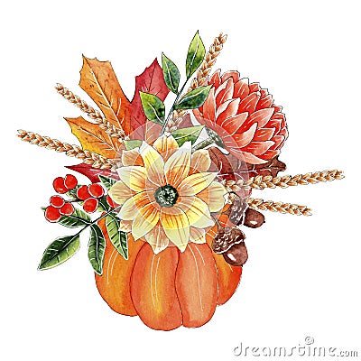 Watercolor Floral Pumpkin Bouquet Arrangement. Stock Photo