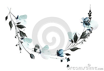 Watercolor floral round frame of blue, turquoise, gray, black poppy, buds, wild little flowers, leaves, branches, herbs Cartoon Illustration