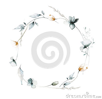 Watercolor floral round frame of blue, turquoise, gray, orange poppy, chamomile, wild little flowers, leaves, branches Cartoon Illustration