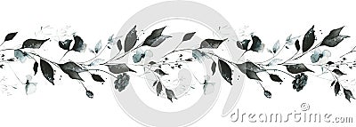 Watercolor floral seamless border of black, gray, blue wild pansy flowers, leaves, branches. meadow herbs. Cartoon Illustration
