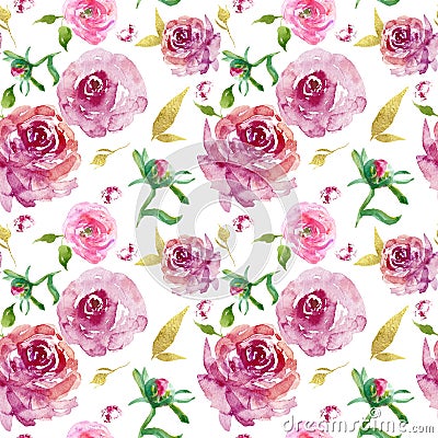 Watercolor Floral seamless pattern with burgundy roses with gold leaves and pink rose buds Cartoon Illustration