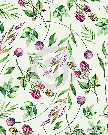 Watercolor floral seamless pattern with flowers,raspberry,branches and foliage. Cartoon Illustration