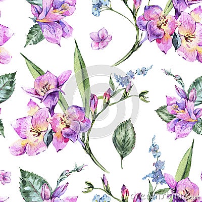 Watercolor Floral Seamless Pattern of Freesia and Garden Flowers Stock Photo