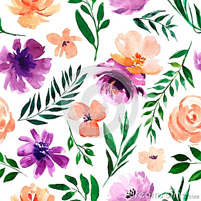 Watercolor floral seamless pattern in a la prima style, watercolor flowers, twigs, leaves, buds. Vector Illustration