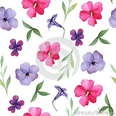 Watercolor floral seamless pattern, pink and purple flowers, leaves. Stock Photo