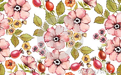 Watercolor floral seamless pattern. Shabby rose flowers. Autumn background. Pink rose hip fruits, briar, leaves on white Cartoon Illustration