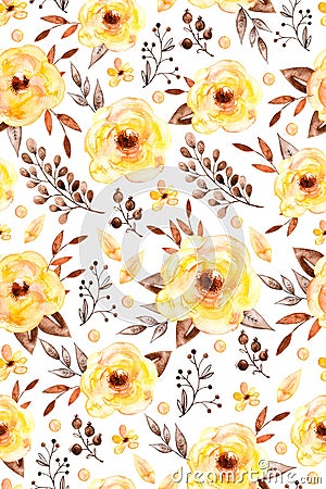 Watercolor floral seamless pattern with yellow flowers and leafs Stock Photo