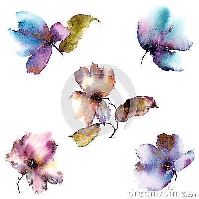 Watercolor floral set. Painting flowers for card design. Transparent floral petals. Stock Photo