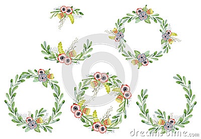 Watercolor floral set with wreaths hand drawn illustration. Tribal flowers, leaves and branch Cartoon Illustration