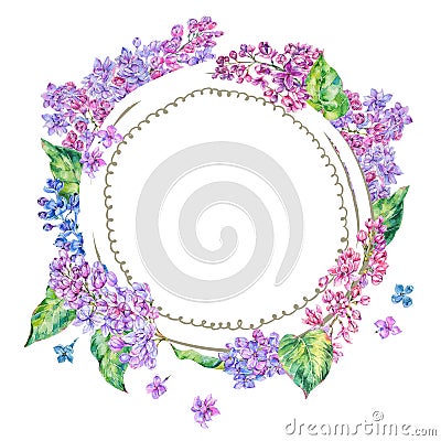 Watercolor floral spring round frame Cartoon Illustration