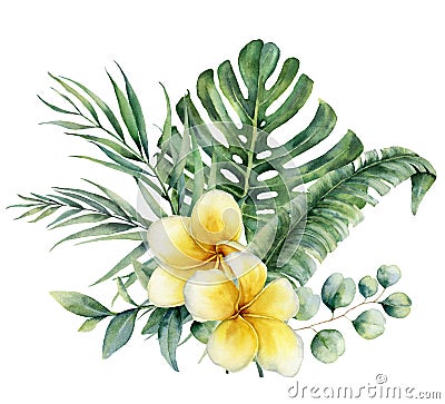 Watercolor floral tropical bouquet with plumeria and silver dollar eucalyptus. Hand painted monstera, palm branch Stock Photo