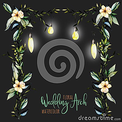 Watercolor floral wedding arch with hanging lamps for bridal design Stock Photo