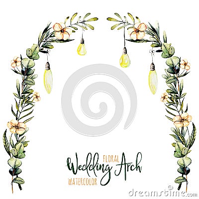 Watercolor floral wedding arch with hanging lamps for bridal design Stock Photo