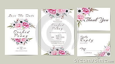 Cute Floral Wedding Invitation Set of Watercolor Flowers and Wild Leaves Vector Illustration