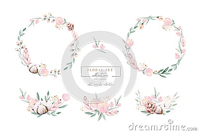 Watercolor floral wreath and bouquet frame illustration with cotton balls peach color, white, pink, vivid flowers, green Cartoon Illustration