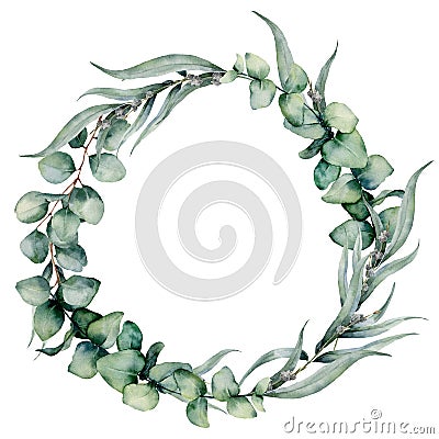 Watercolor floral wreath with different eucalyptus leaves. Hand painted wreath with baby blue, siver dollar eucalyptus Cartoon Illustration