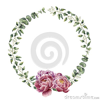 Watercolor floral wreath with eucalyptus, baby eucalyptus leaves and peony flowers. Stock Photo