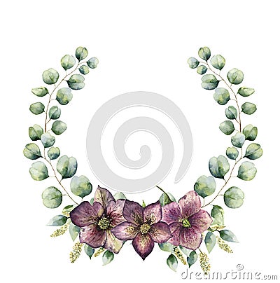 Watercolor floral wreath with eucalyptus and hellebore. Hand painted floral wreath with branches, leaves of seeded and Stock Photo