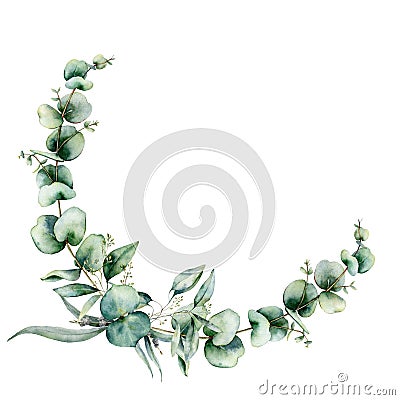 Watercolor floral wreath with eucalyptus leaves. Hand painted illustration with branches and leaves isolated on white Cartoon Illustration