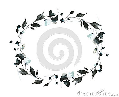 Watercolor floral wreath frame of blue, turquoise poppy, black, dark leaves, branches, herbs. Cartoon Illustration