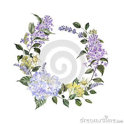 Watercolor floral wreath, isolated on white background. Spring flowers and greenery. Lilac, Lavender, hydrangea Cartoon Illustration