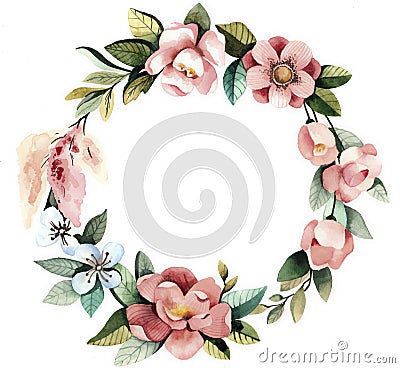 Watercolor floral wreath with magnolias, green leaves and branches. Stock Photo