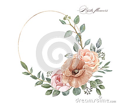 Watercolor floral wreath with pastel pink and nude flowers- poppy, rose, peony and eucalyptus foliage, isolated Cartoon Illustration