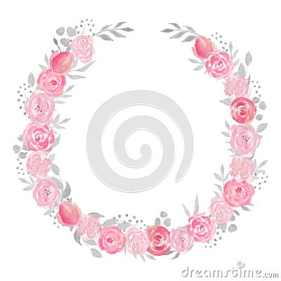 Watercolor floral wreath with rose, leaves, flowers and branches Stock Photo