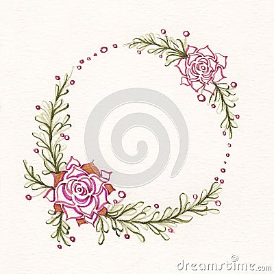 Watercolor floral wreath with succulents, green leaves and branches. Stock Photo