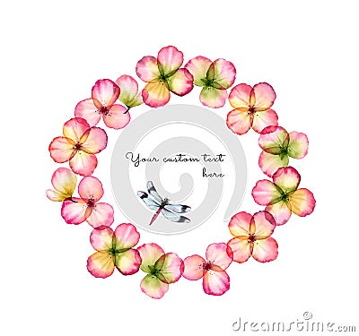 Watercolor floral wreath. Transparent overlapping flowers and dragonfly isolated on white. Botanical floral illustration Cartoon Illustration