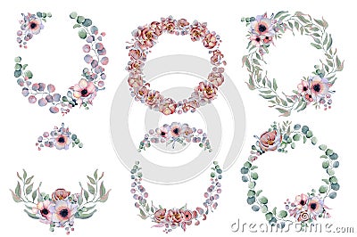 Watercolor floral wreaths with ribbon for your text. Floral banner. Wedding invitation. Stock Photo