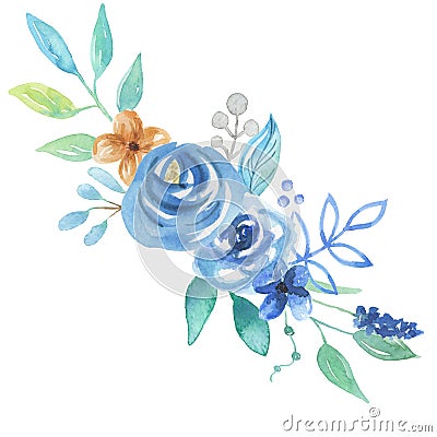 Watercolor Florals Blue Bouquet Berries Leaves Arrangement Wedding Flowers Stock Photo