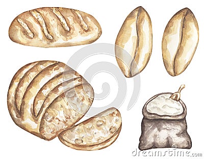 Watercolor flour with sack, wheat grain and bread illustration set. Hand drawn watercolour food clipart collection Cartoon Illustration